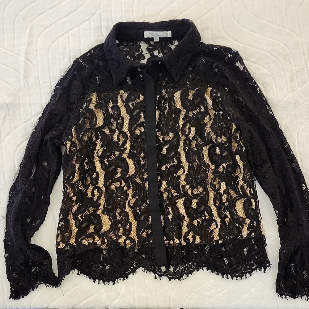Darling London lined black lace long sleeve button-up blouse top Women's size 10